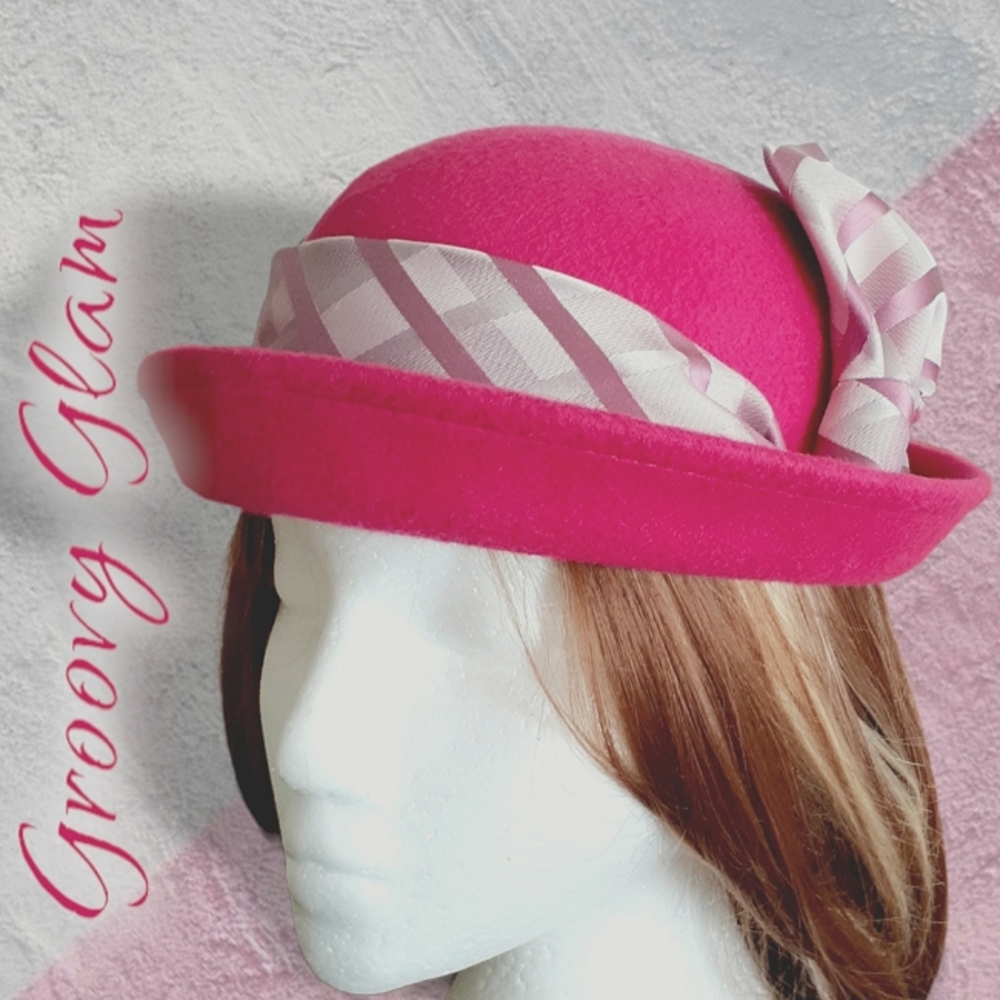 GROOVY GLAM Handmade Fuscia Pink Wool Bowler Hat with Upcycle Silk Hat Band